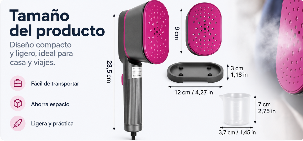 Dimensiones y accesorios de referencia de la plancha portátil