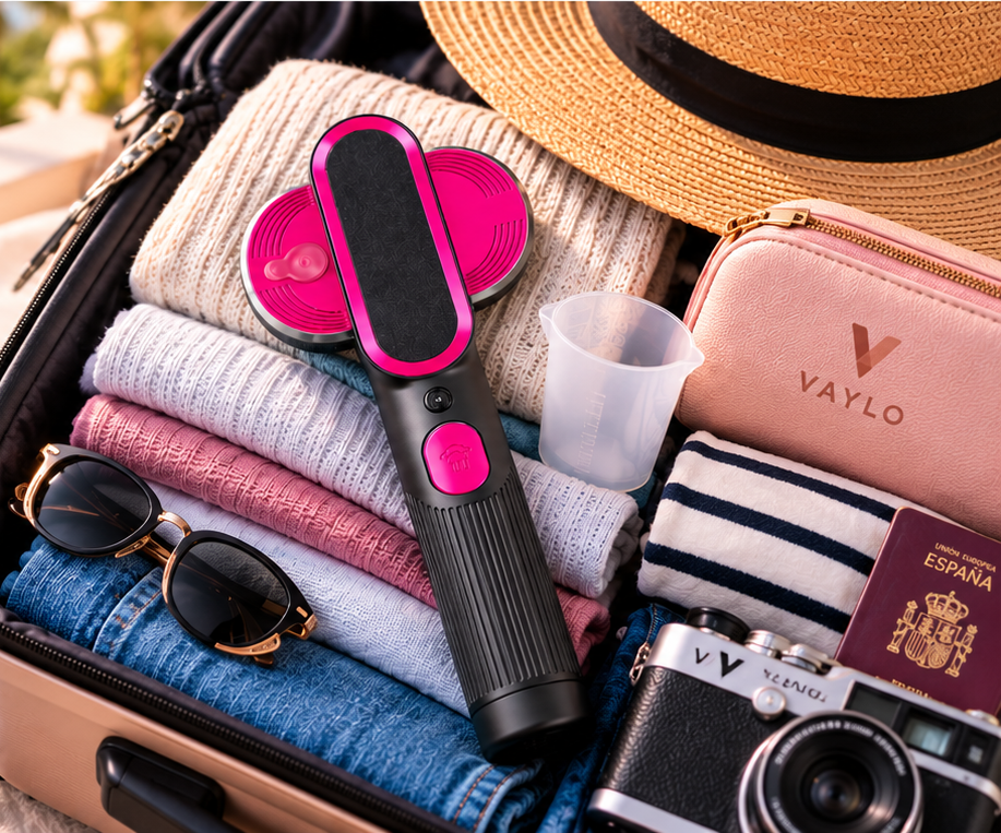 Plancha de vapor portátil VAYLO negra y rosa junto a una maleta de viaje